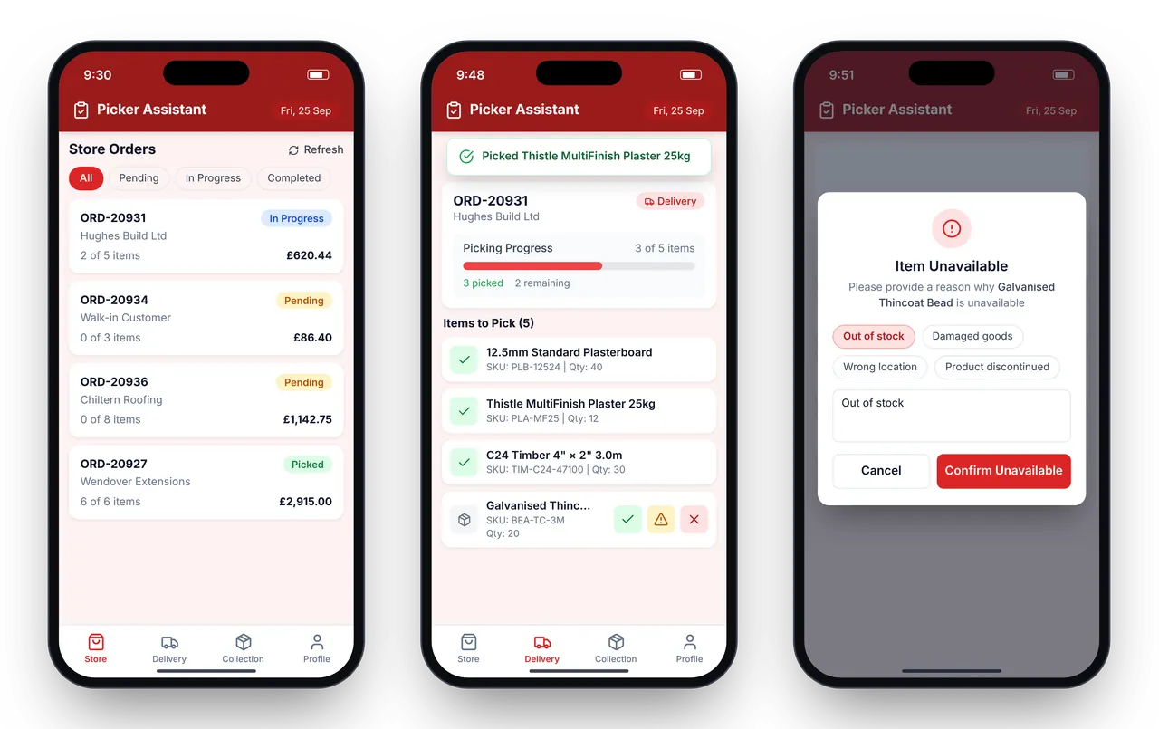 Picking app on three phones: the store order queue with status filters, an order being picked with a scan confirmation, progress bar and pick, partial or unavailable actions, and the Item Unavailable dialog with reason chips.