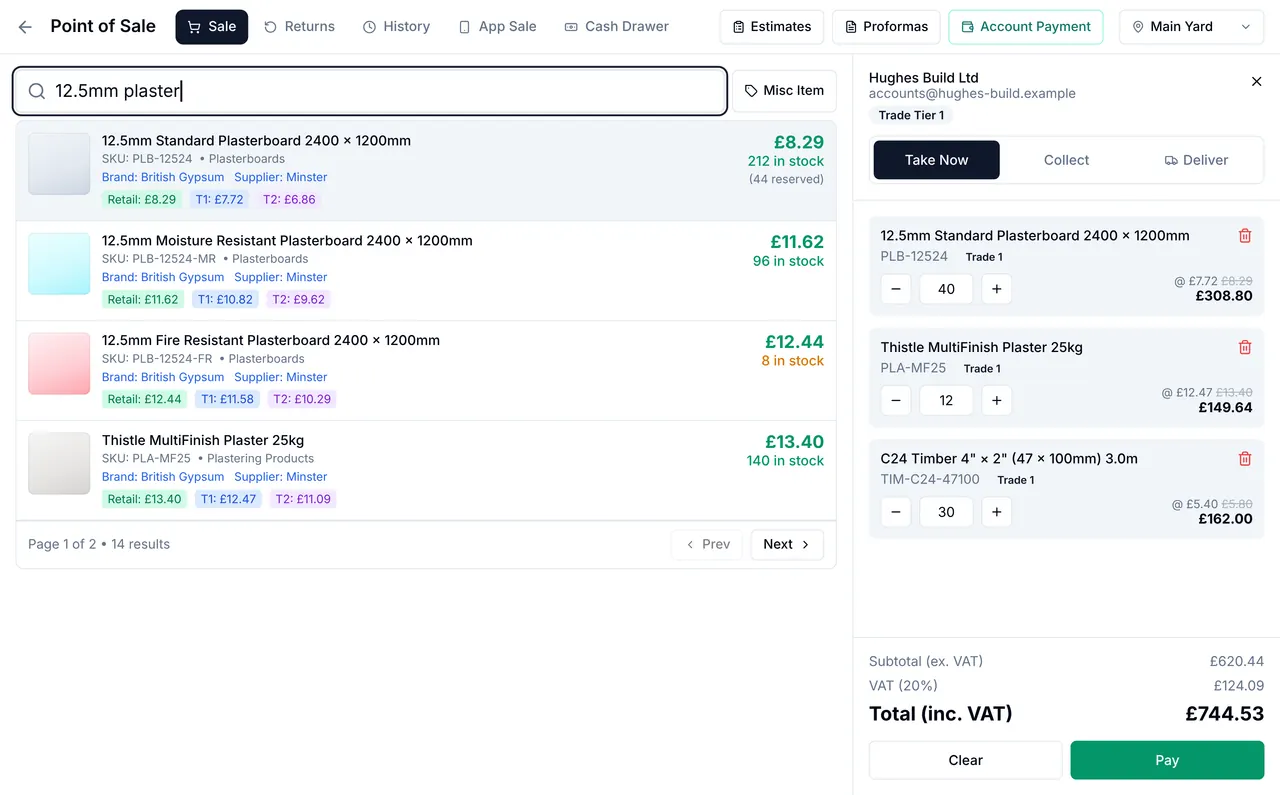AI Merchant point of sale: product search with retail and trade price tiers and live stock, a trade account customer, take-now, collect or deliver fulfilment, and a basket with net, VAT and gross totals.