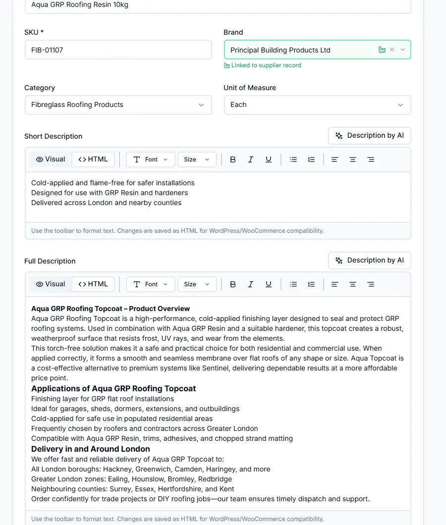 Product edit page: brand linked to a supplier record, category, unit of measure, and short and full descriptions with Description by AI buttons.