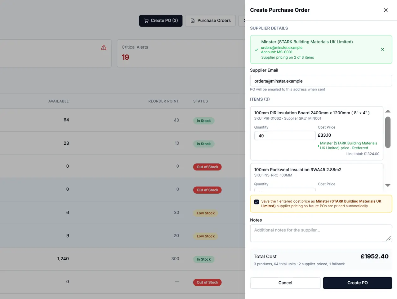 Inventory list with low-stock lines selected and the Create Purchase Order panel open, showing the supplier, per-line supplier cost prices, an option to save new prices and the order total.