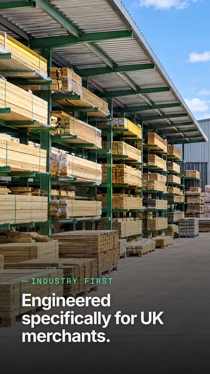 A real UK builders merchant's yard, with timber racks. Engineered specifically for UK merchants.