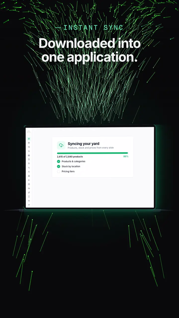 The digital yard streams into a laptop that shows a sync screen: downloaded into one application.