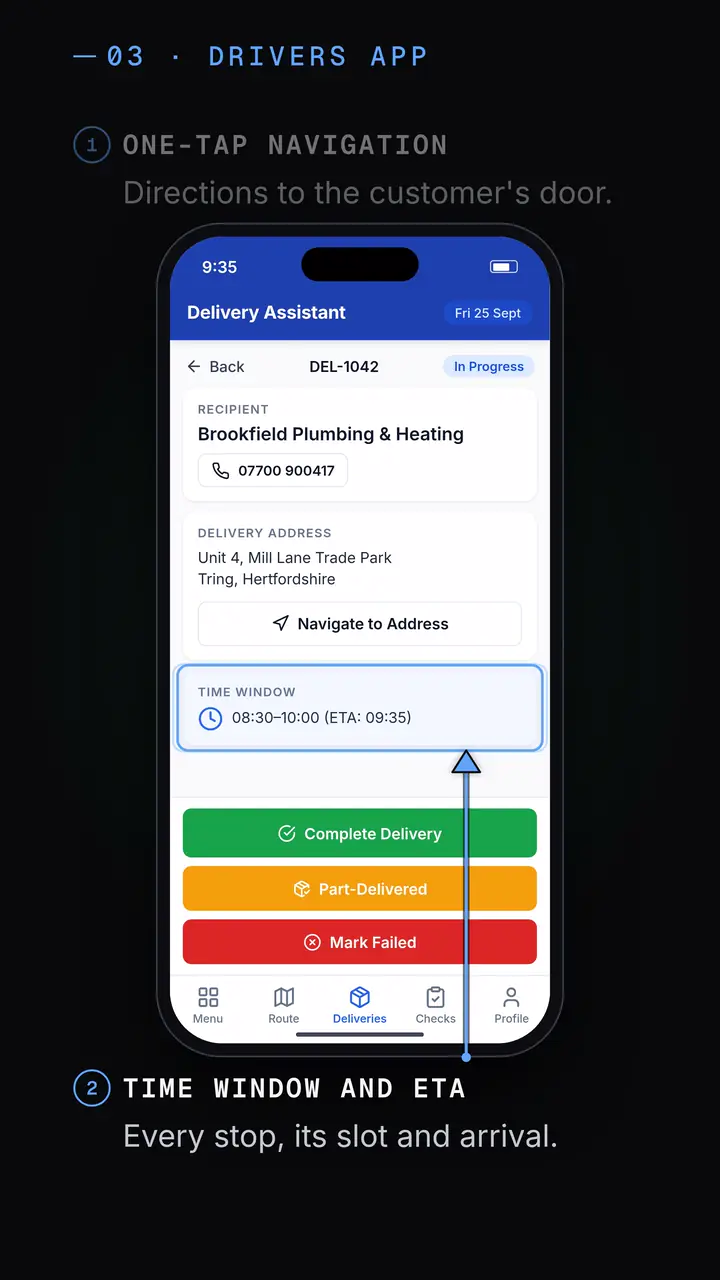 Drivers app stop screen: the delivery time window and ETA.