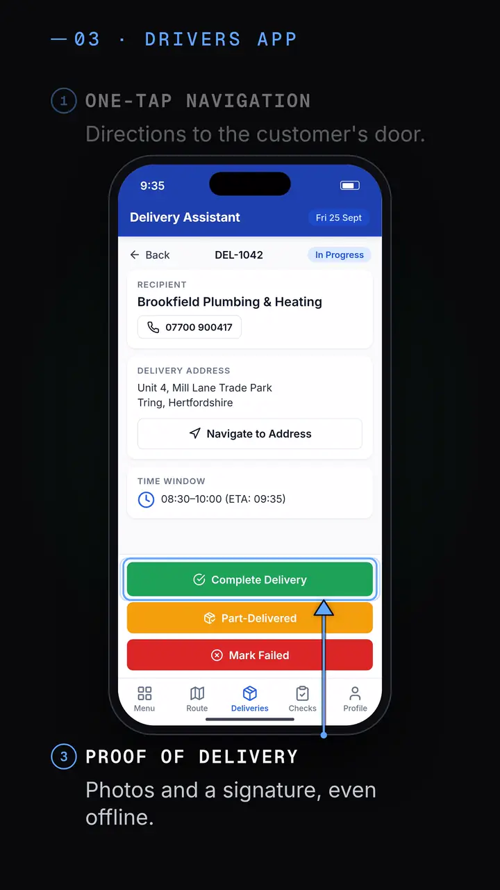Drivers app stop screen: proof of delivery with photos and a signature.