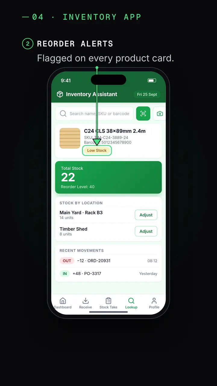 Inventory app: low stock flagged on the product.