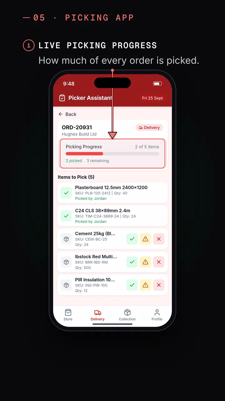 Picking app: live picking progress for the order.