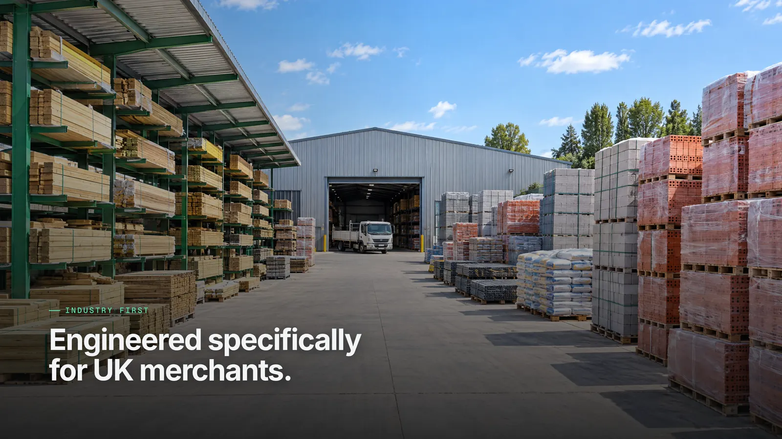 A real UK builders merchant's yard, with timber racks and pallets of bricks. Engineered specifically for UK merchants.