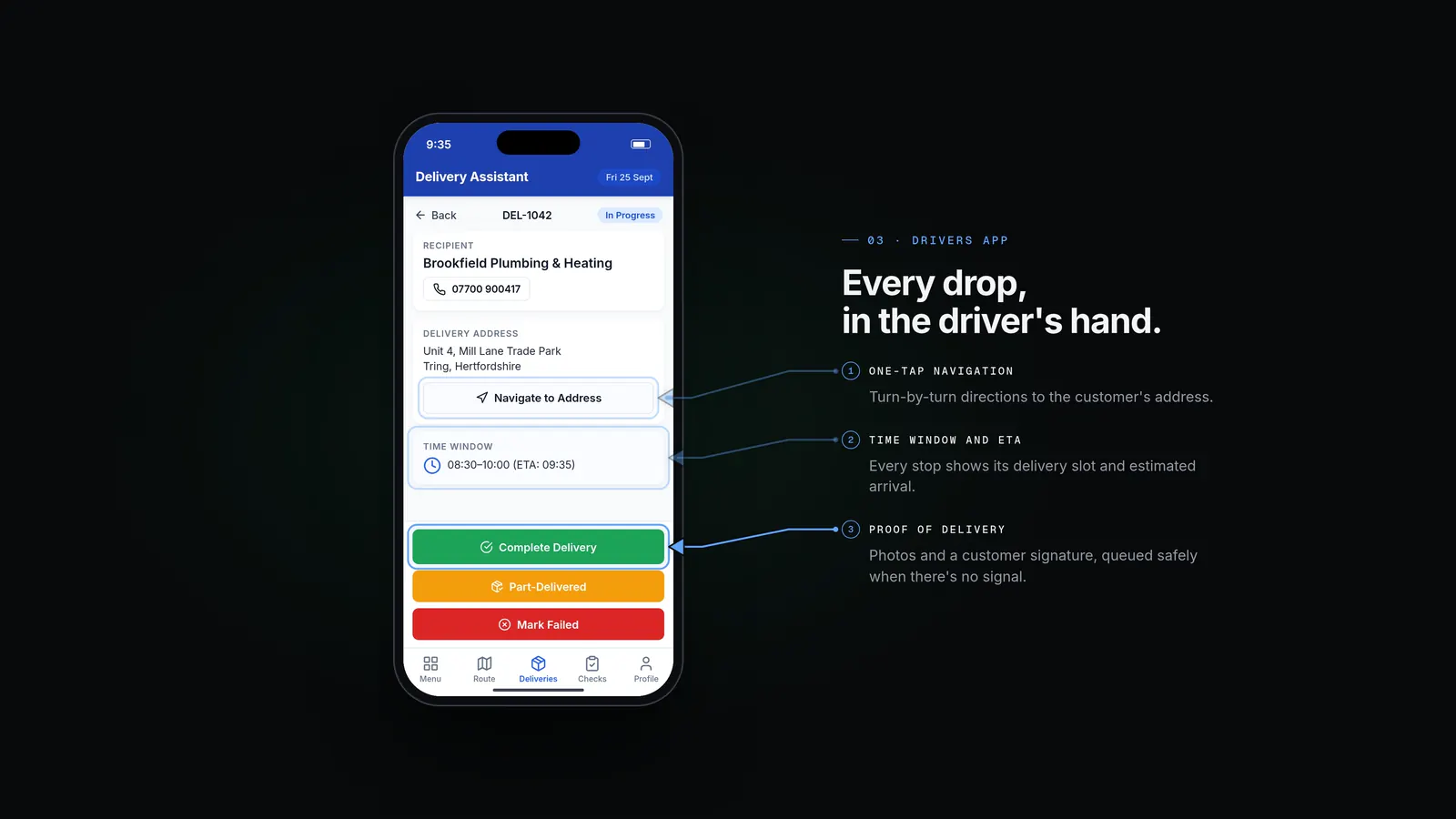 The Drivers app stop screen, with callouts on one-tap navigation, the time window and ETA, and proof of delivery.
